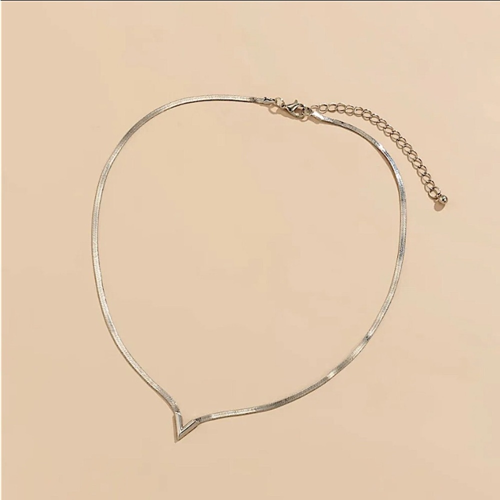 Sterling Silver V Shaped Necklace Flat Clavicle Herringbone Choker - Picture 6 of 8